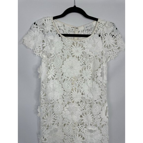 Milly 3D White Floral Embroidered Short‎ Sleeve Cocktail Mini Dress - Picture 2 of 11